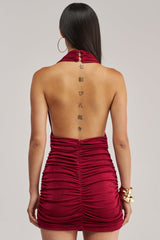 HAUTE HEAT SWOOPED MINI DRESS IN BURGUNDY