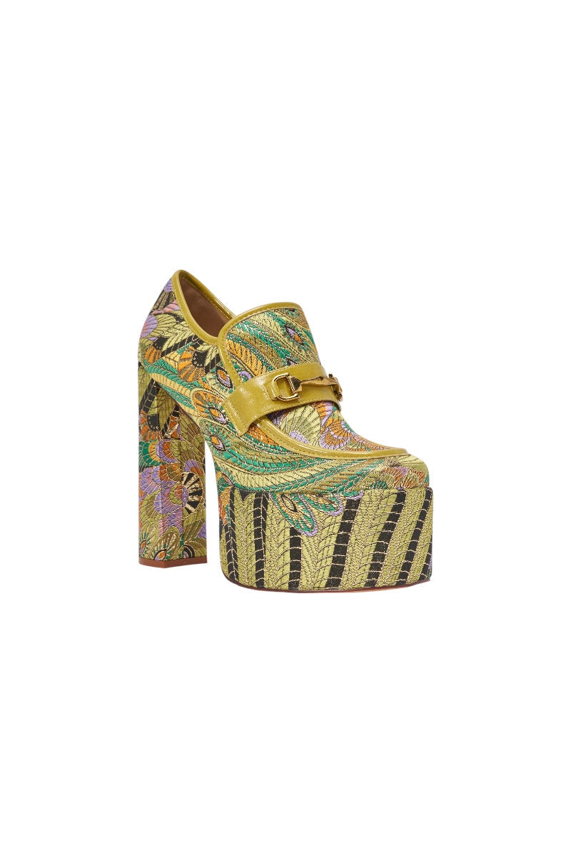 AZALEA WANG JUSTLY GREEN MULTI PLATFORM BROCADE BLOCK HEEL PUMP