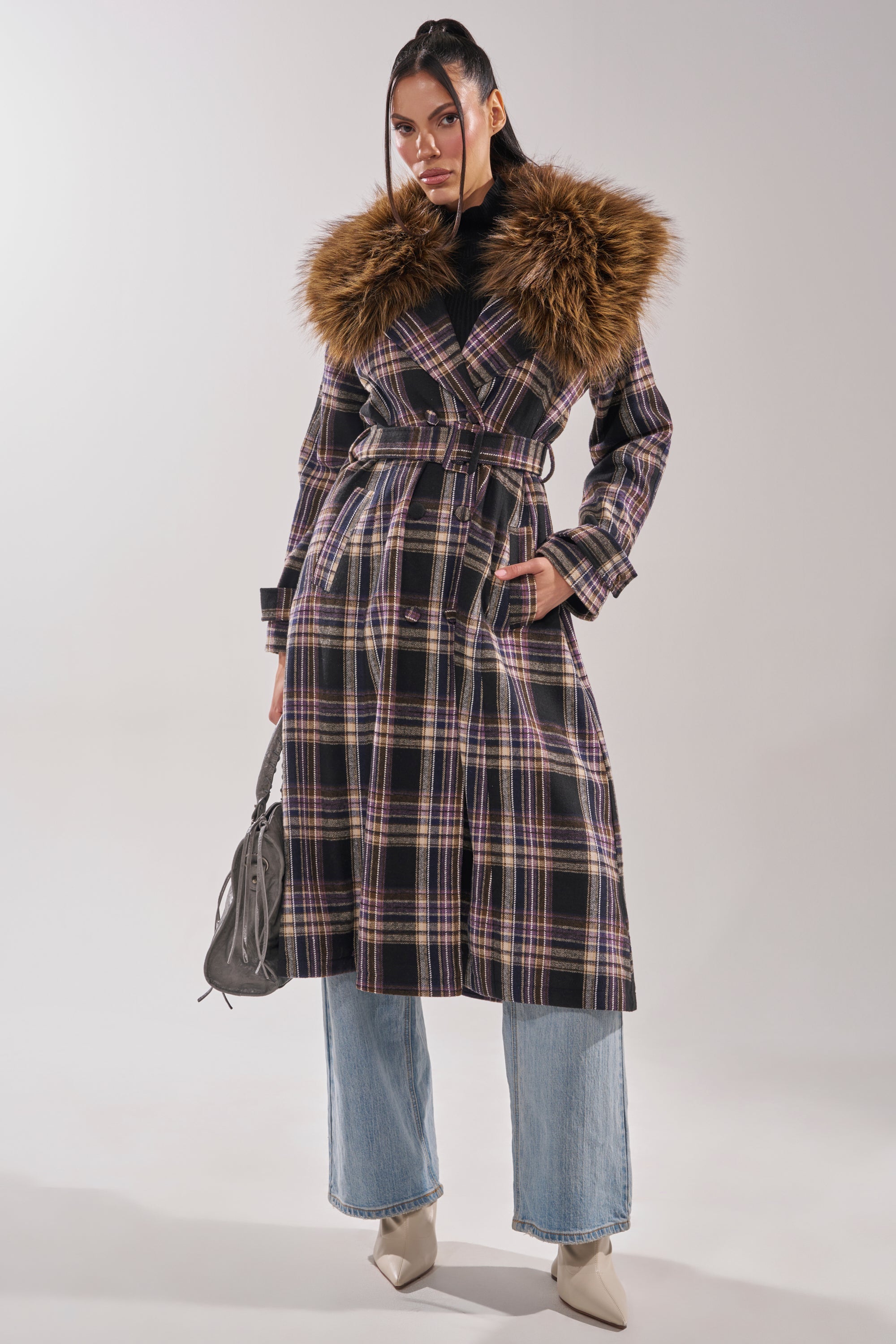 SWEPT UP FUR TRIM TRENCH