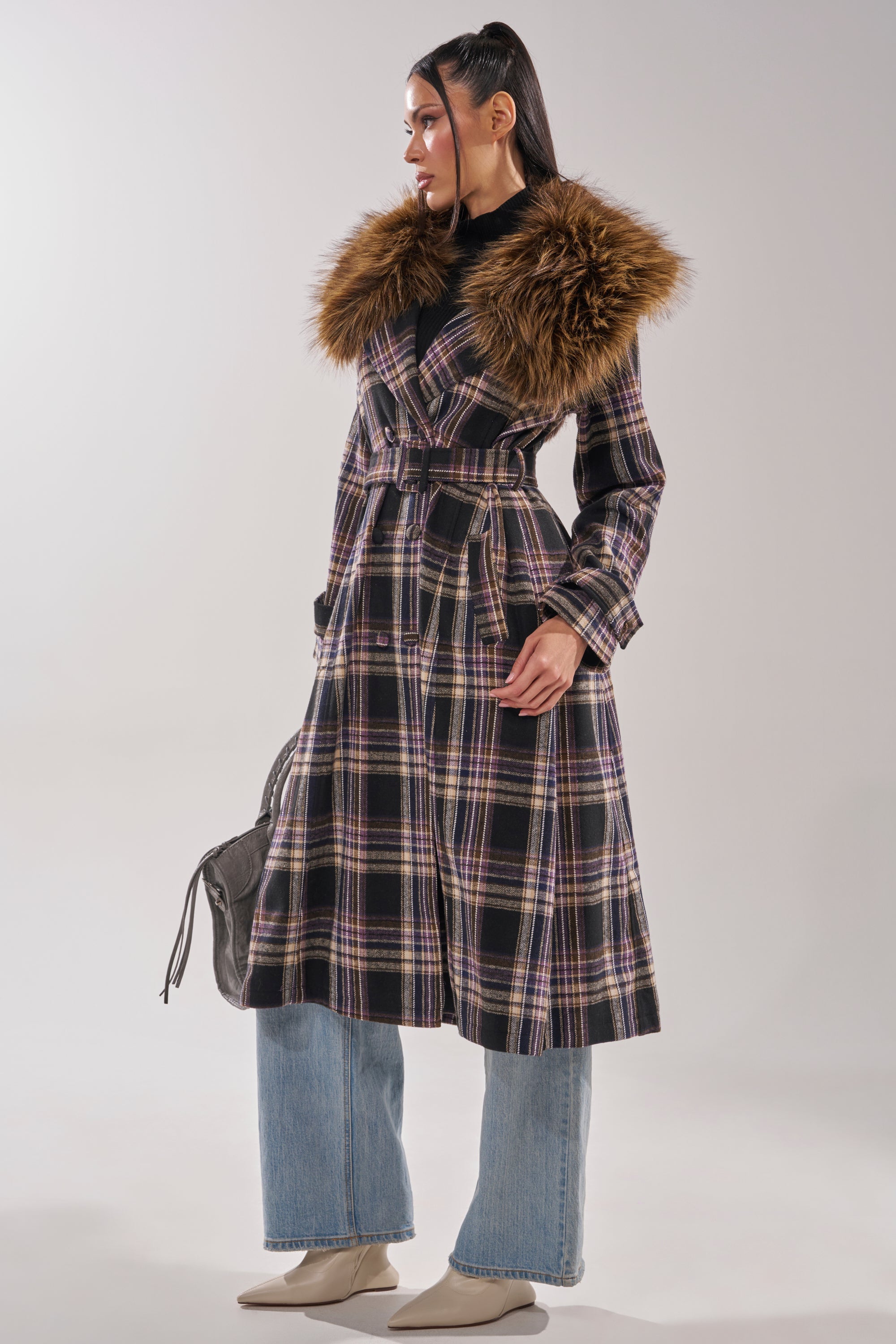 SWEPT UP FUR TRIM TRENCH
