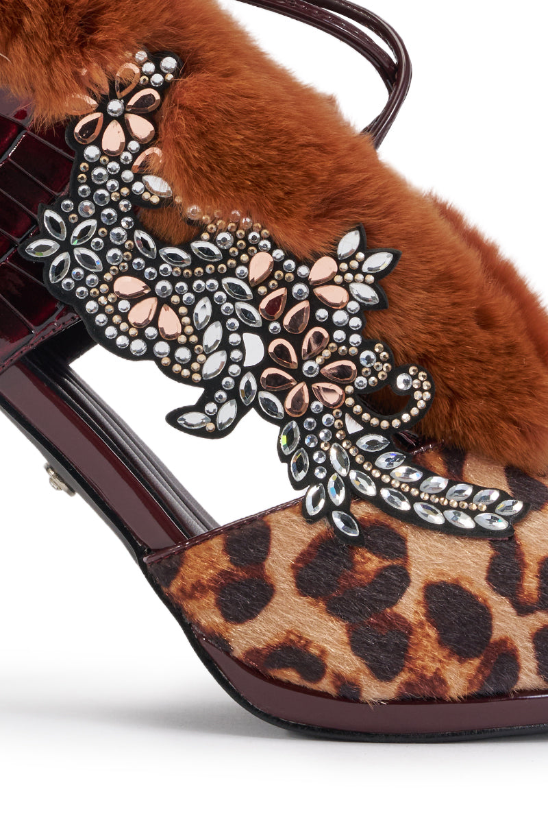 AZALEA WANG KERENESA BURGUNDY CROC COLORBLOCKED FUR SANDAL