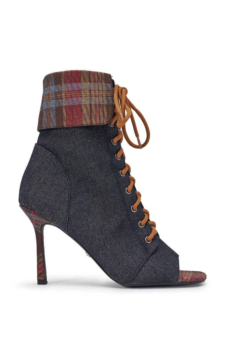AZALEA WANG KYLAN DENIM PATCHWORK OPEN TOE BOOTIE