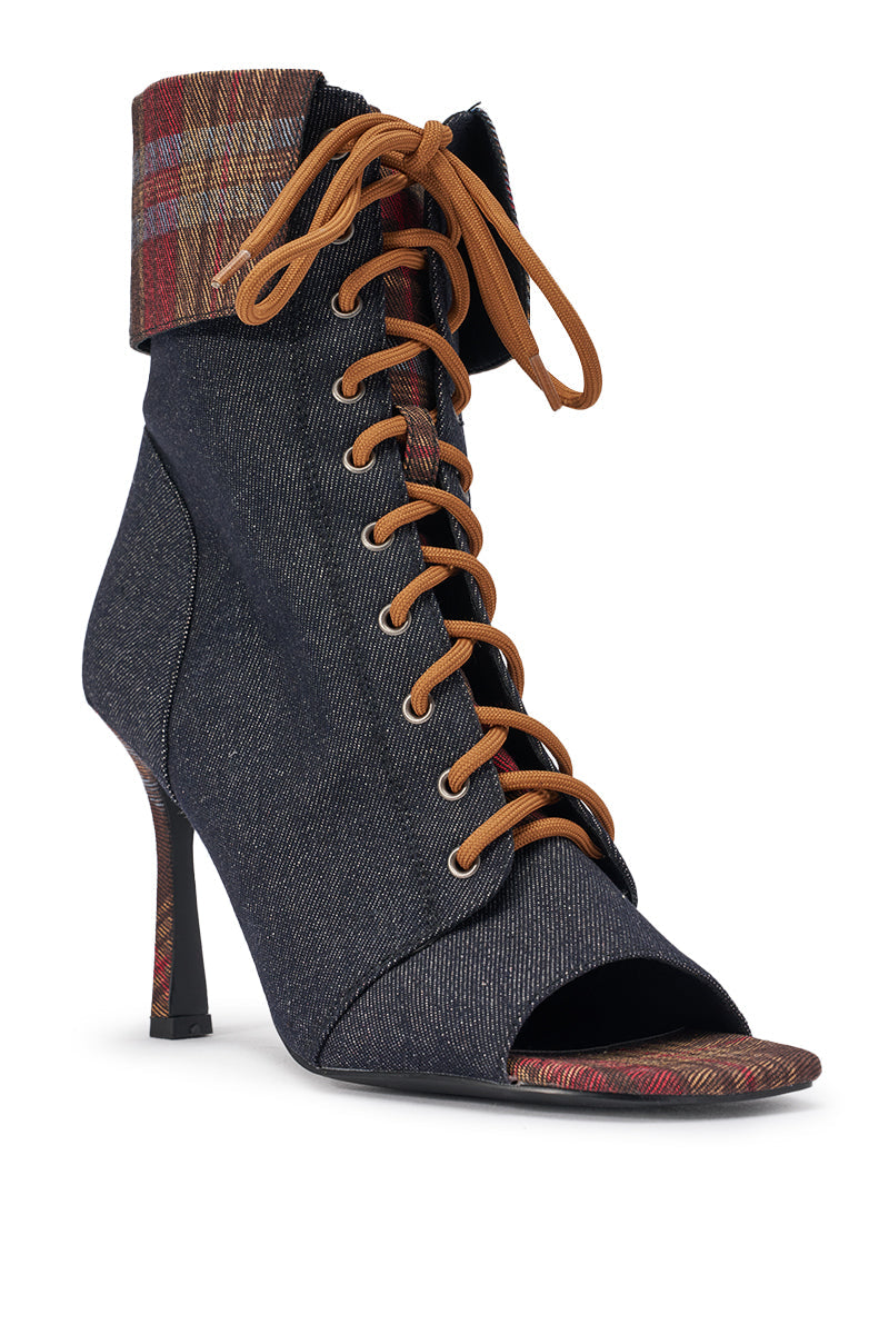 AZALEA WANG KYLAN DENIM PATCHWORK OPEN TOE BOOTIE