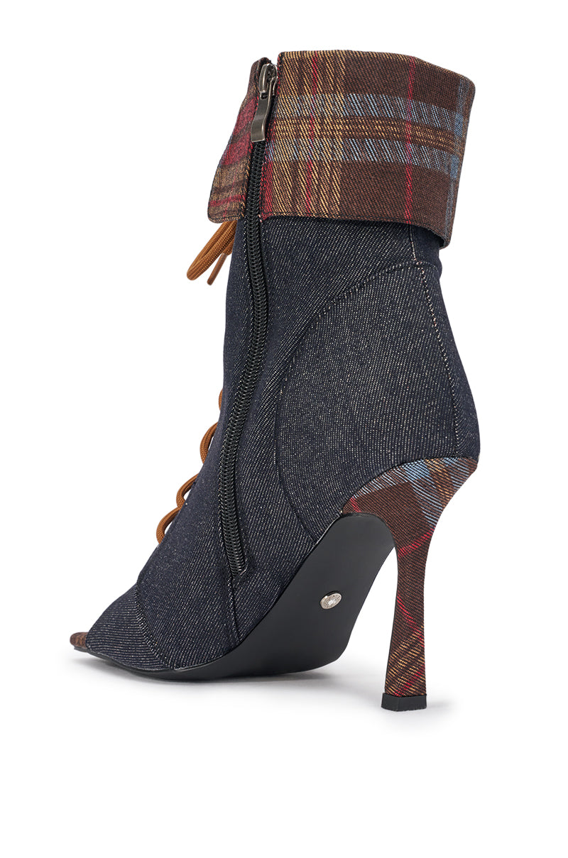 AZALEA WANG KYLAN DENIM PATCHWORK OPEN TOE BOOTIE