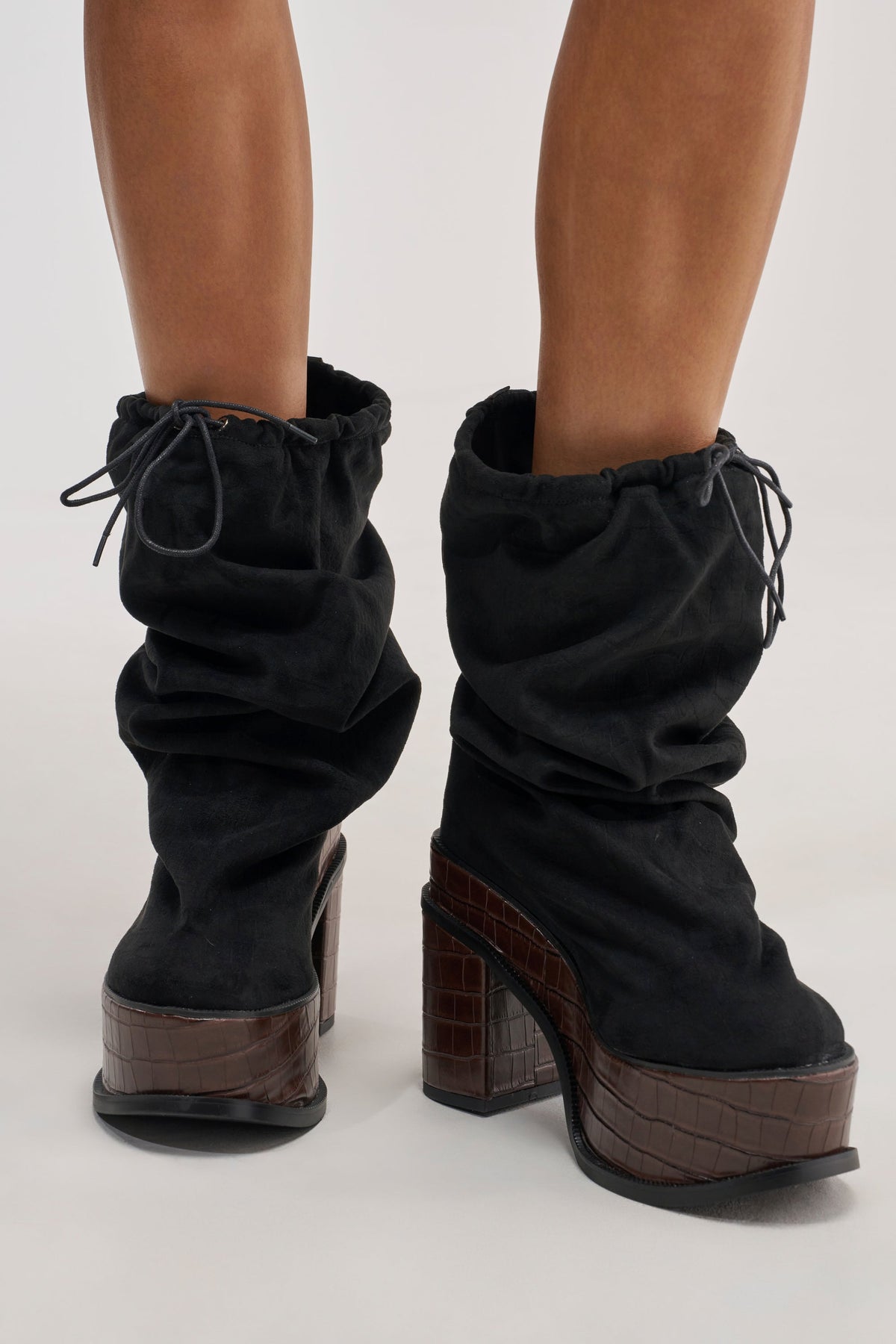 AZALEA WANG LESLIE BLACK CROC PLATFORM SLOUCHY BOOT