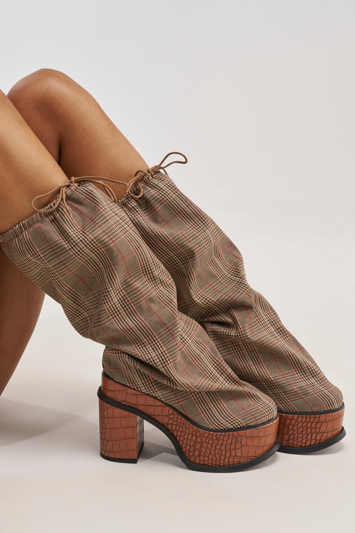 AZALEA WANG LESLIE PLAID BLOCK PLATFORM SLOUCHY BOOT