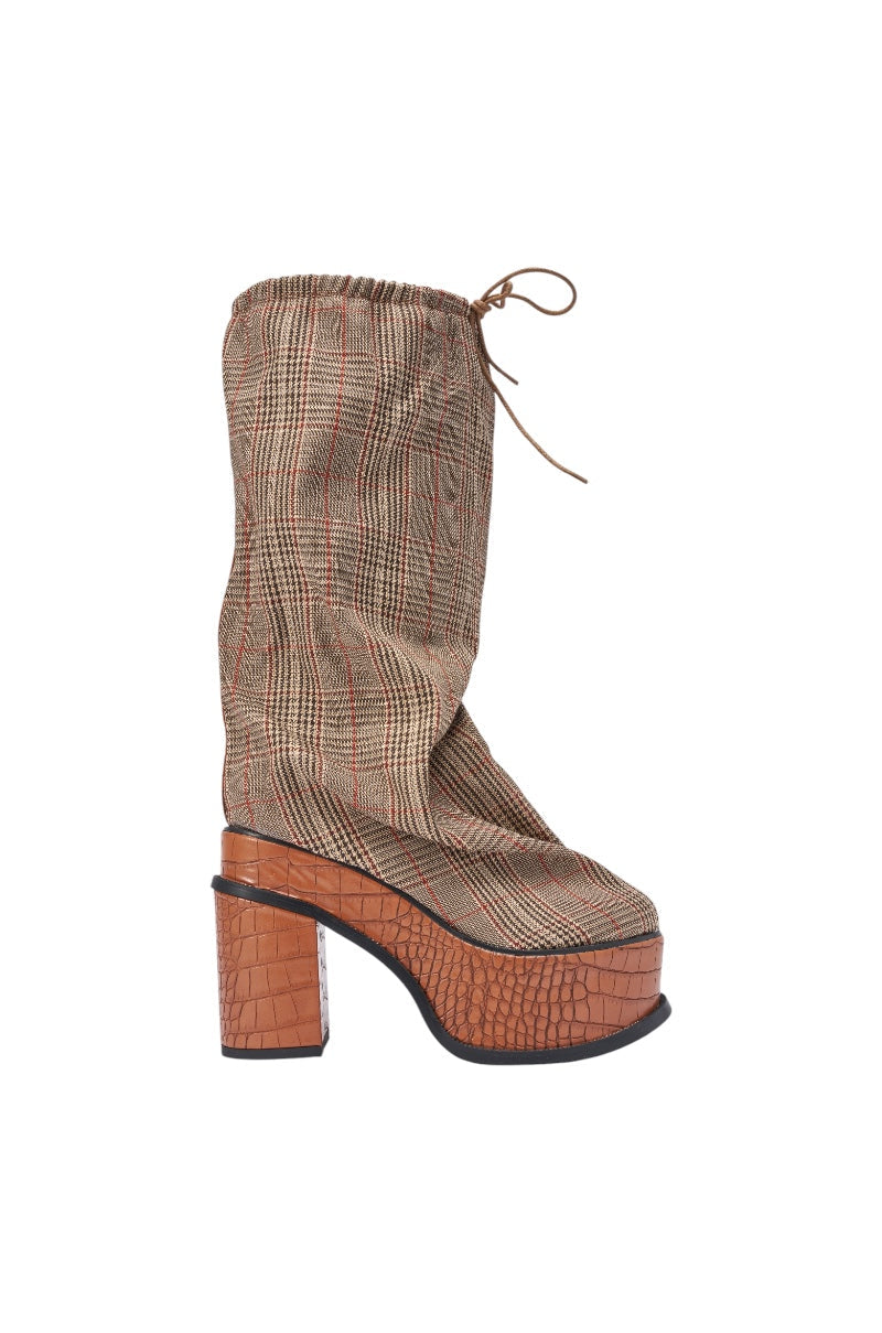AZALEA WANG LESLIE PLAID BLOCK PLATFORM SLOUCHY BOOT