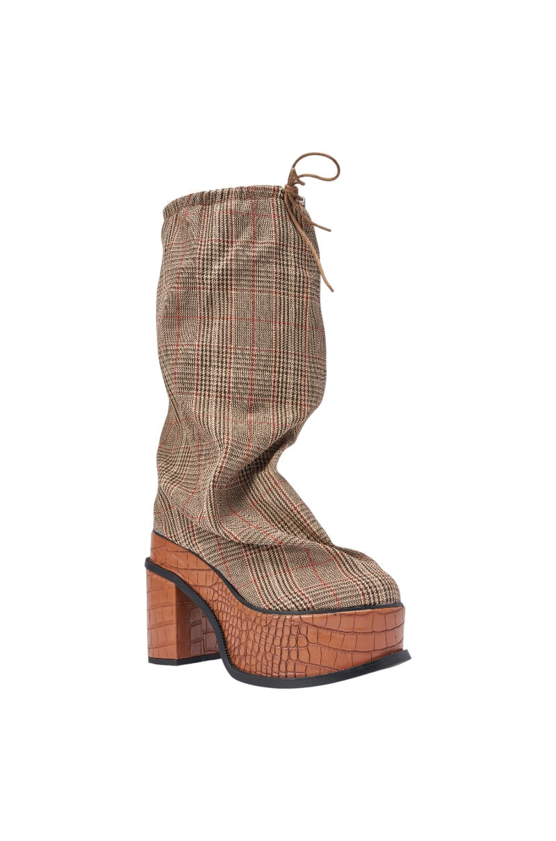 AZALEA WANG LESLIE PLAID BLOCK PLATFORM SLOUCHY BOOT