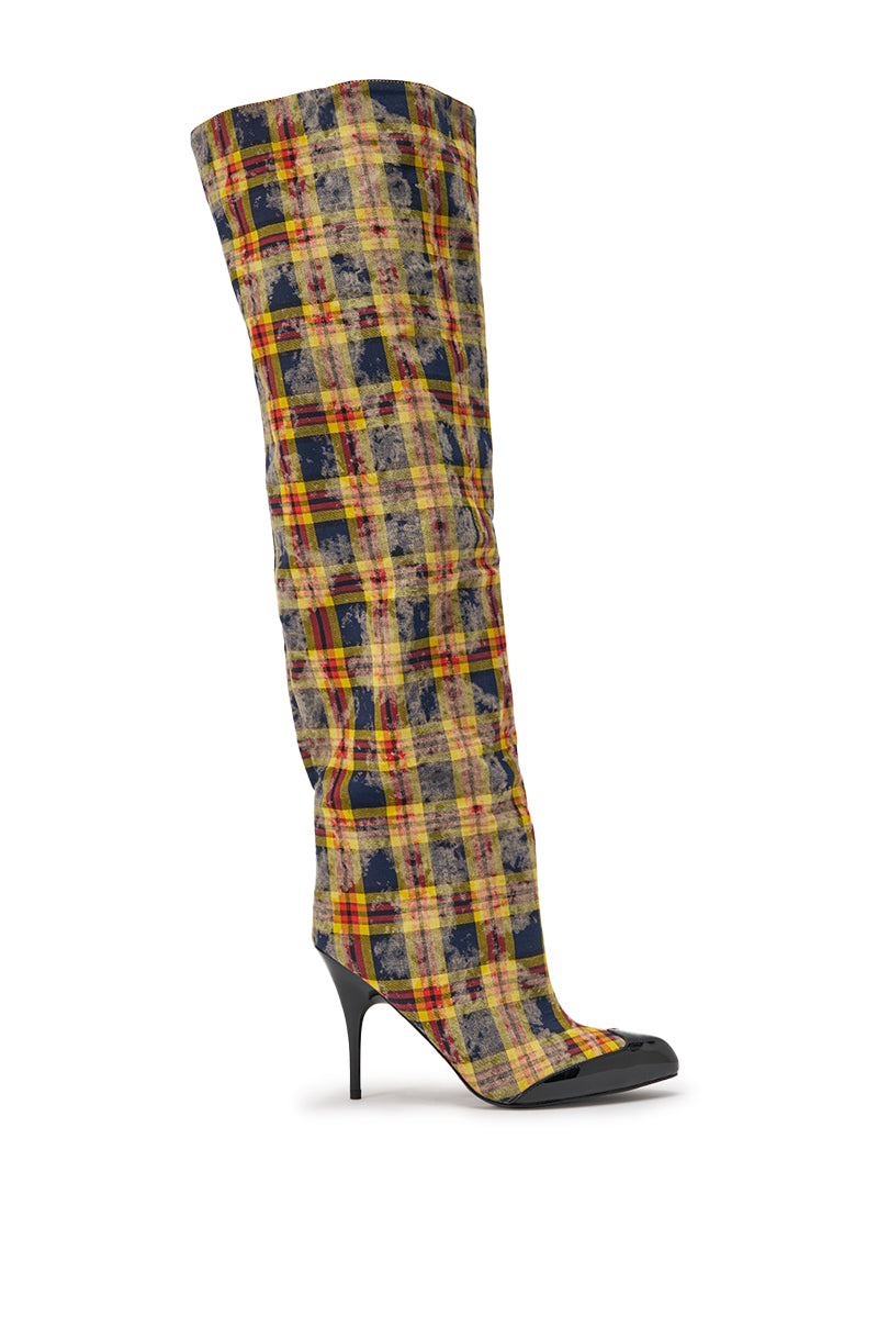 AZALEA WANG LOCHANA MULTI YELLOW PLAID FLANNEL SEXY BOOT