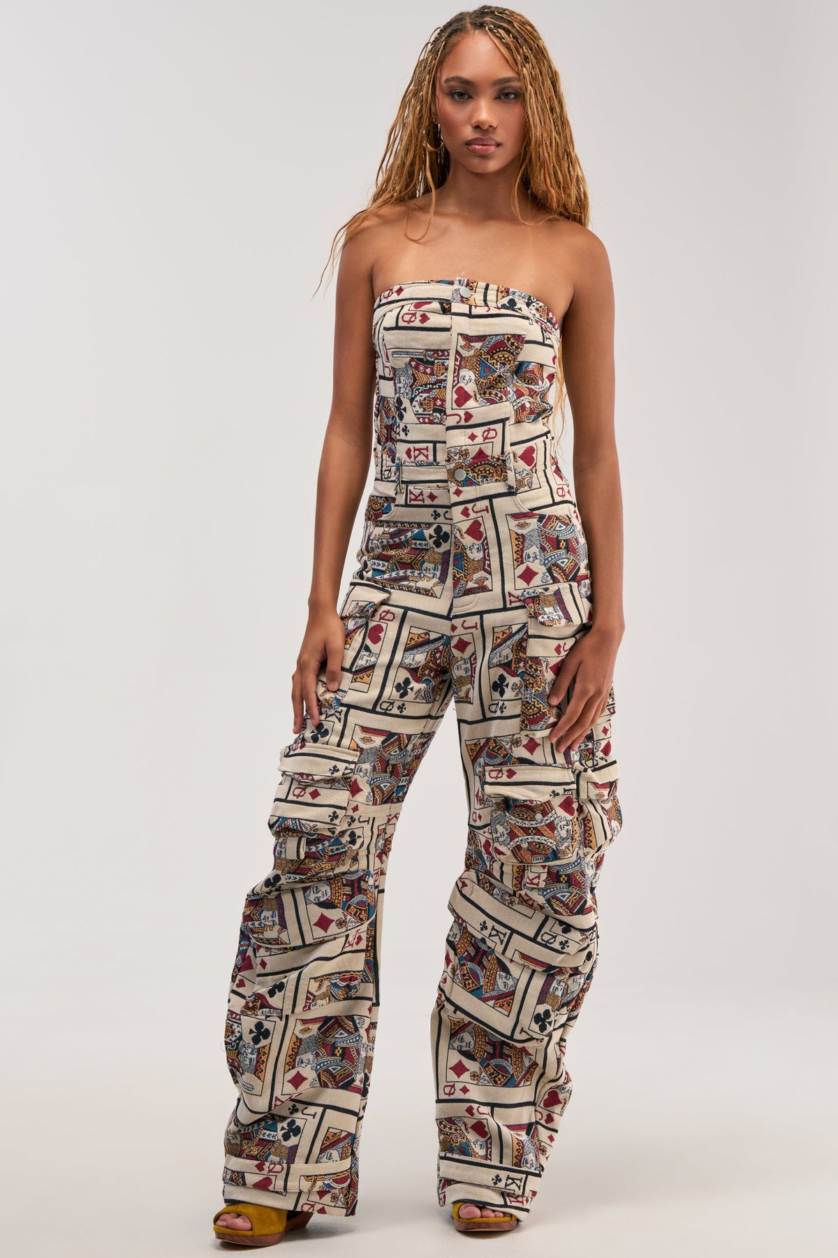 NO ONE LIKE ME CARD PRINT CARGO JUMPSUIT