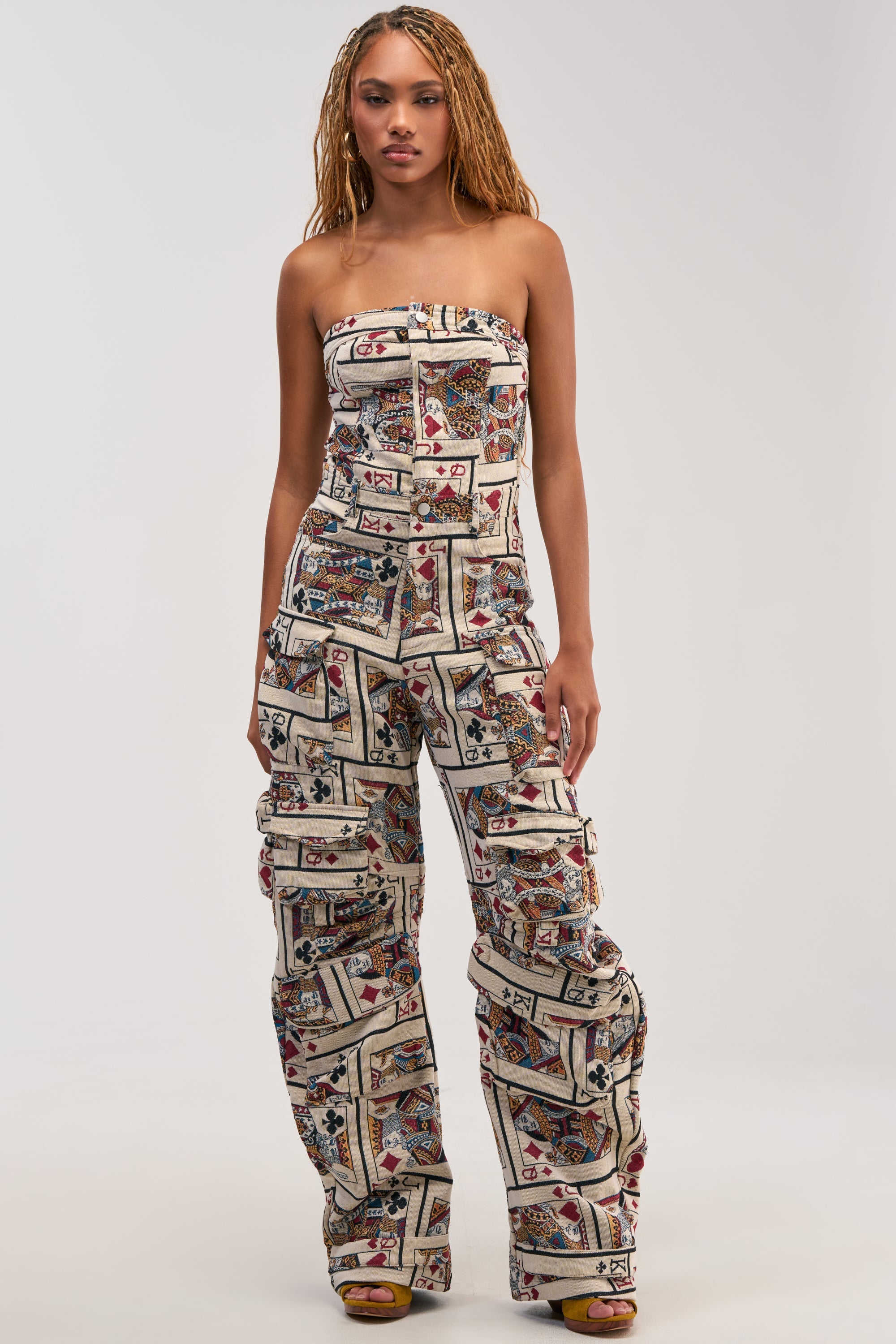 NO ONE LIKE ME CARD PRINT CARGO JUMPSUIT