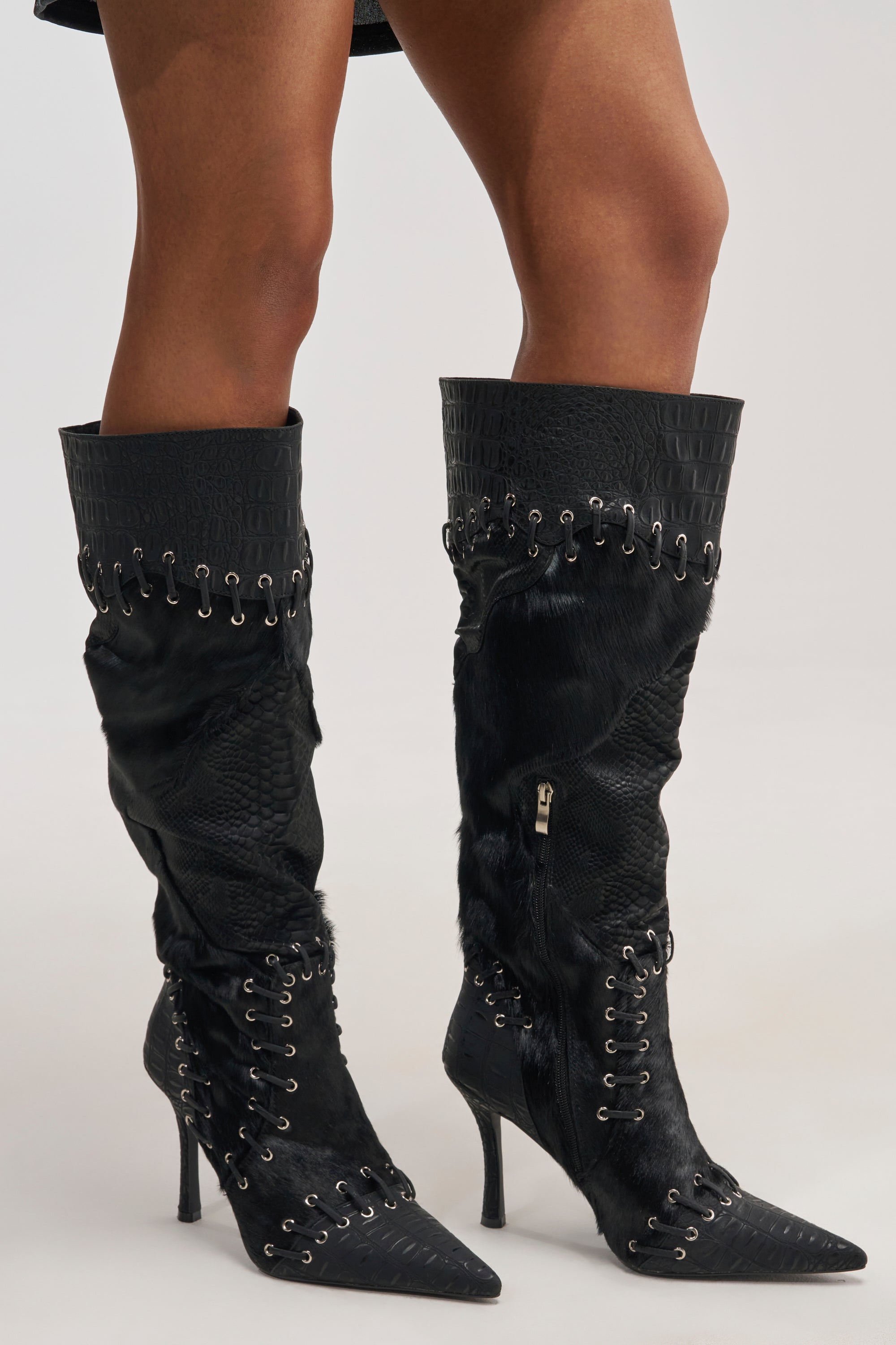 AZALEA WANG NOVAK BLACK PONY HAIR AND LACE UP STILETTO BOOT