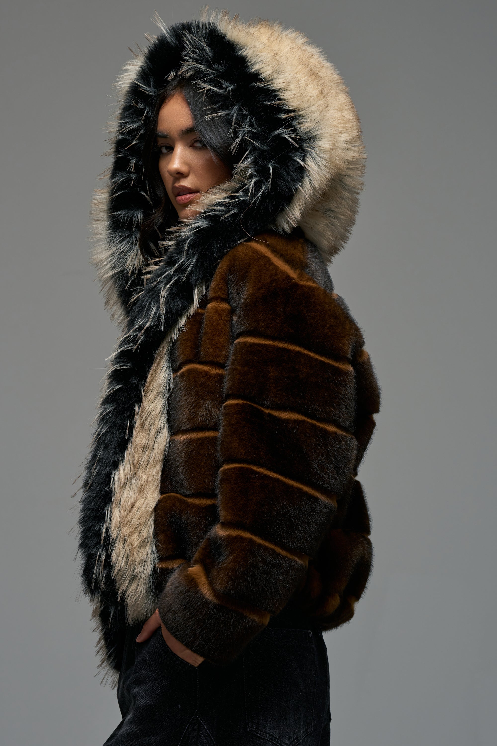 PORTIA HOODED FAUX FUR BOMBER