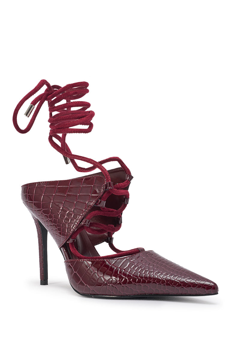 AZALEA WANG RAMONA BURGUNDY CROC LACE UP POINTED TOE PUMP