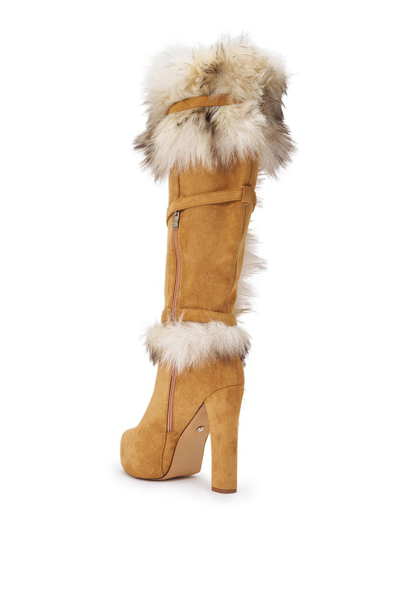 AZALEA WANG RYLAN CAMEL FAUX SUEDE AND FUR BLOCK BOOT