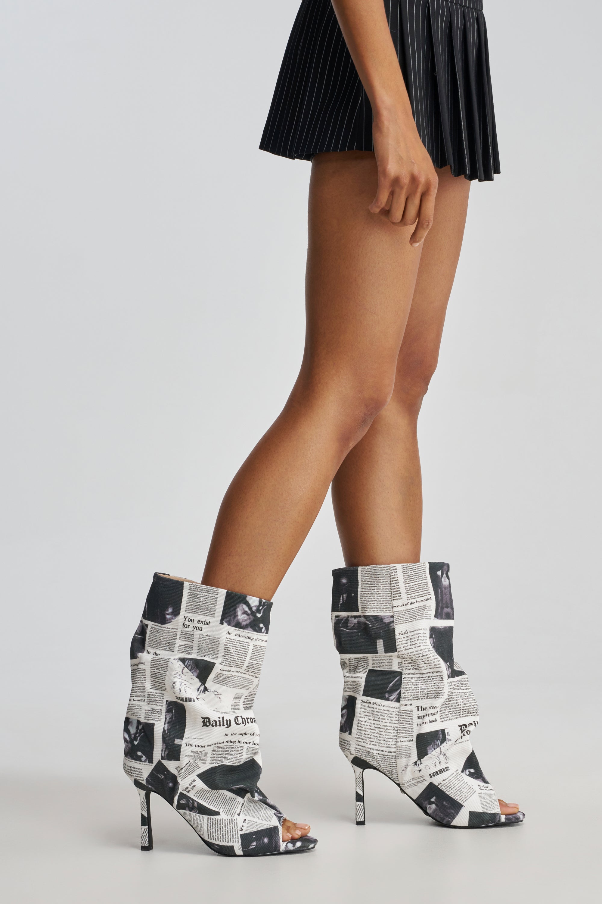 AKIRA SCREENKISS NEWSPAPER PRINT STILETTO BOOTIE