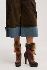 AKIRA GOLD SNUG BROWN MULTI FUR COMBAT BLOCK HEEL