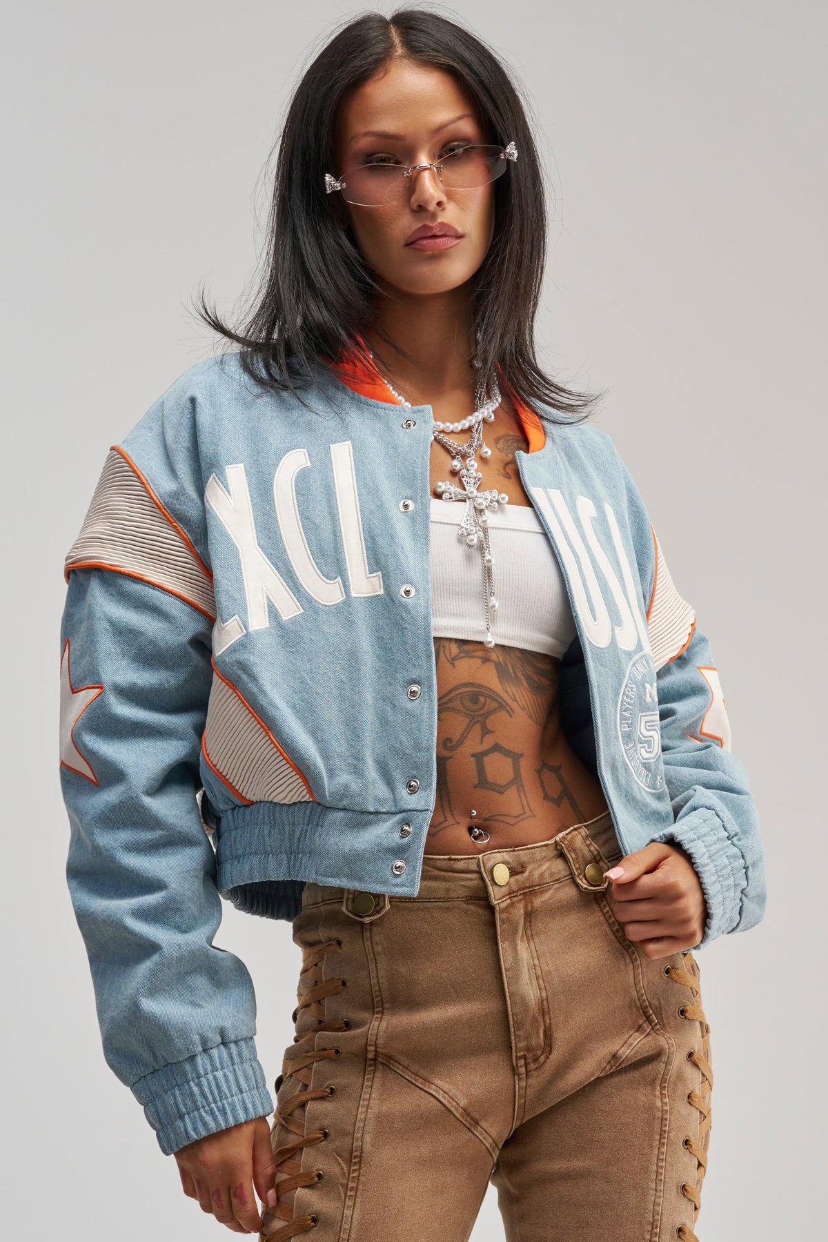 INVITE ONLY DENIM VARSITY BOMBER