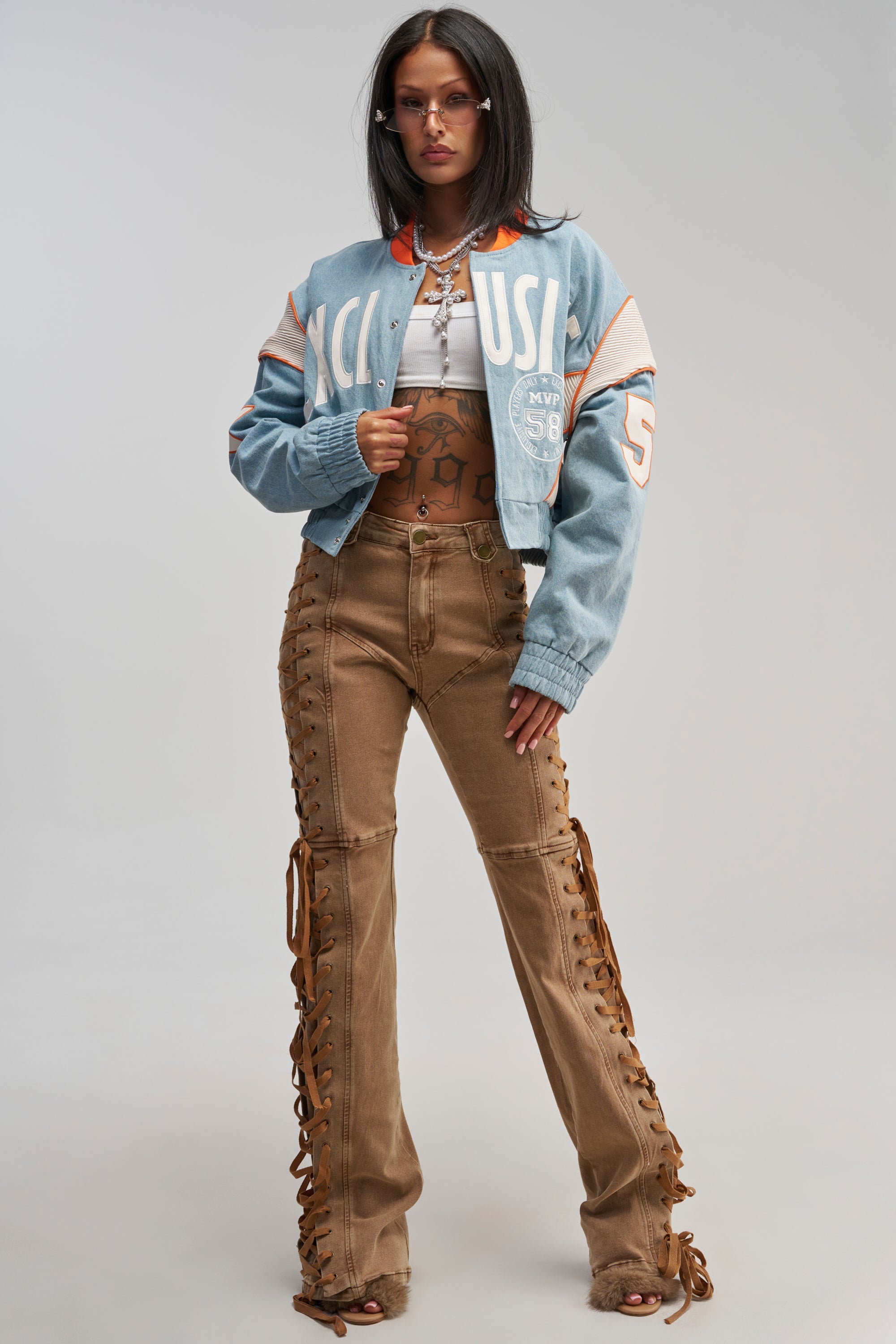 INVITE ONLY DENIM VARSITY BOMBER