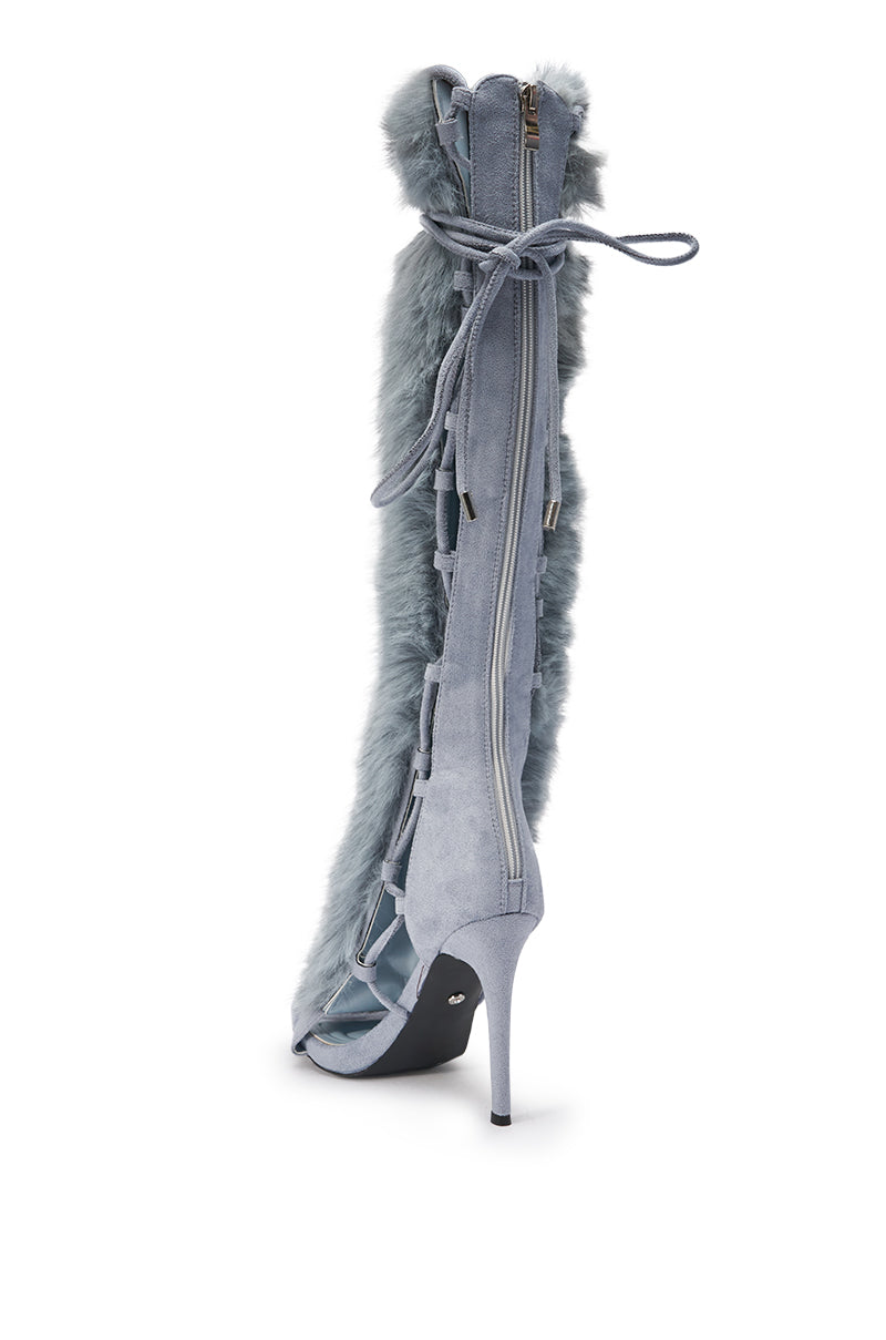 AZALEA WANG STAMOS DUSTY BLUE STILETTO SANDAL WITH FUR
