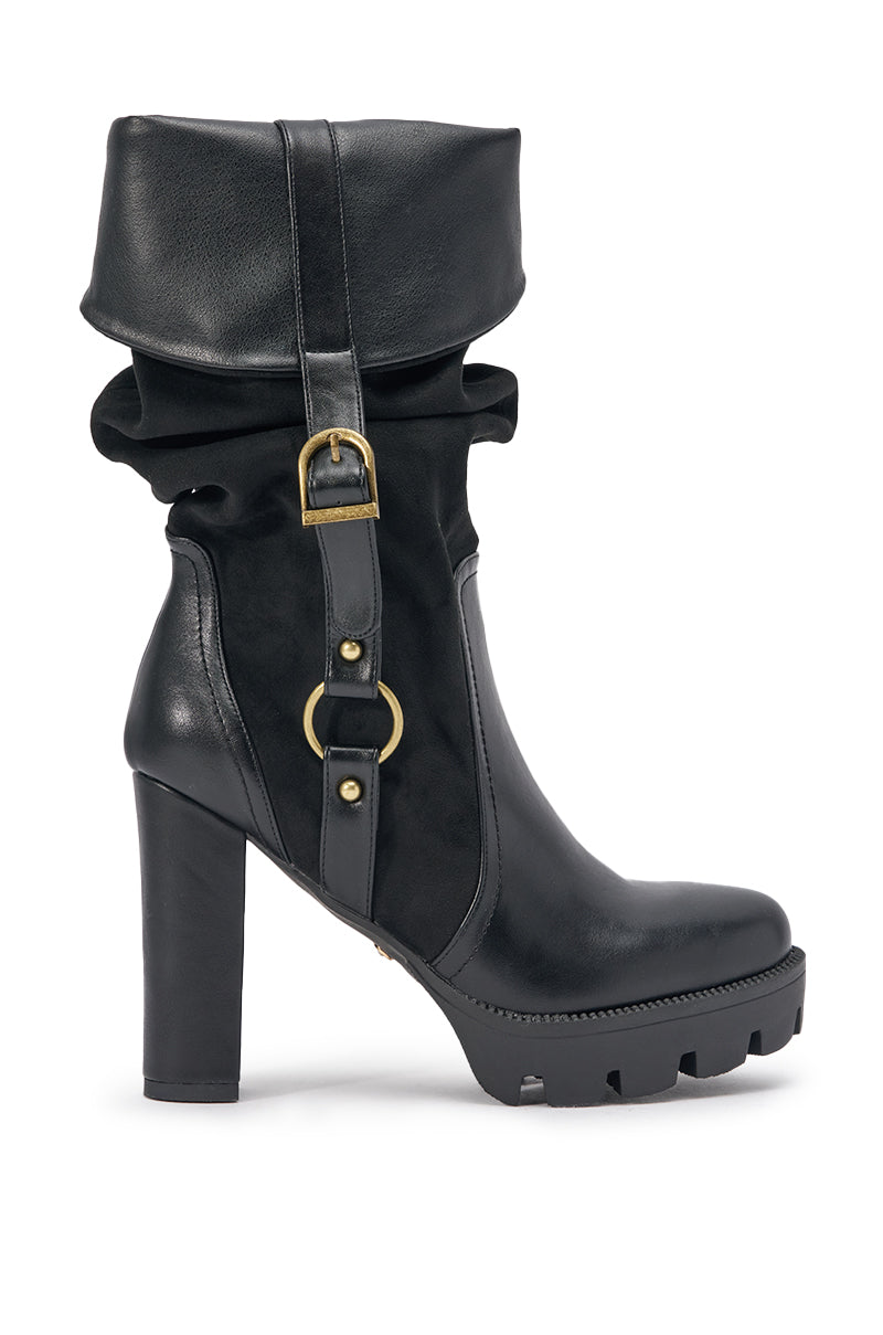 AZALEA WANG STREAMWOOD BLACK FAUX SUEDE BLOCK SLOUCHY BOOTIE