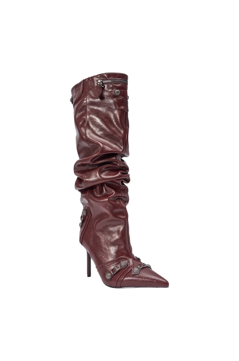 AZALEA WANG TESARA BURGUNDY RUCHED STILETTO BOOT WITH HARDWARE