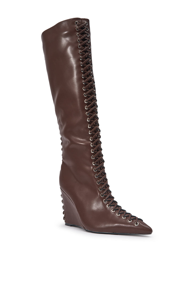 AZALEA WANG THAUMUS BROWN LACE UP WEDGE BOOT