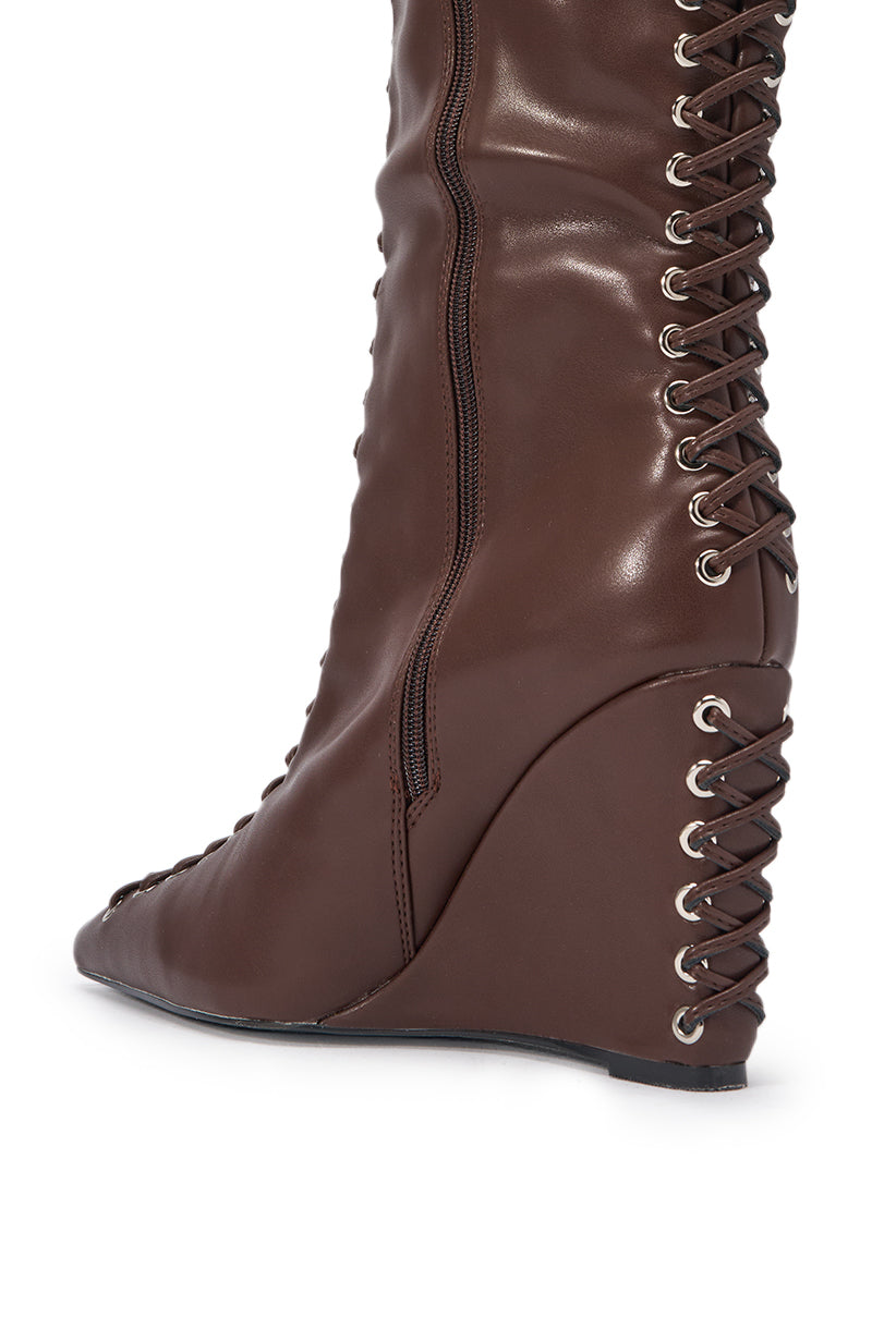 AZALEA WANG THAUMUS BROWN LACE UP WEDGE BOOT
