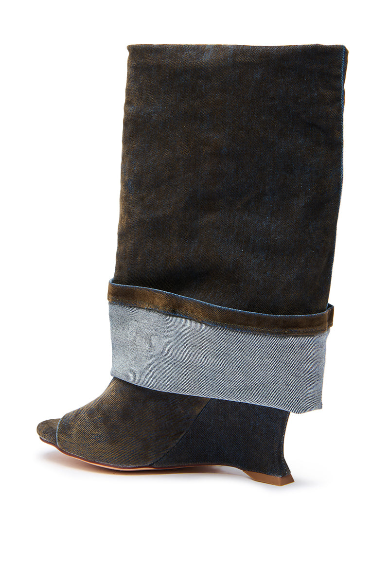 AZALEA WANG TIN BROWN CUFFED WEDGE BOOTIE
