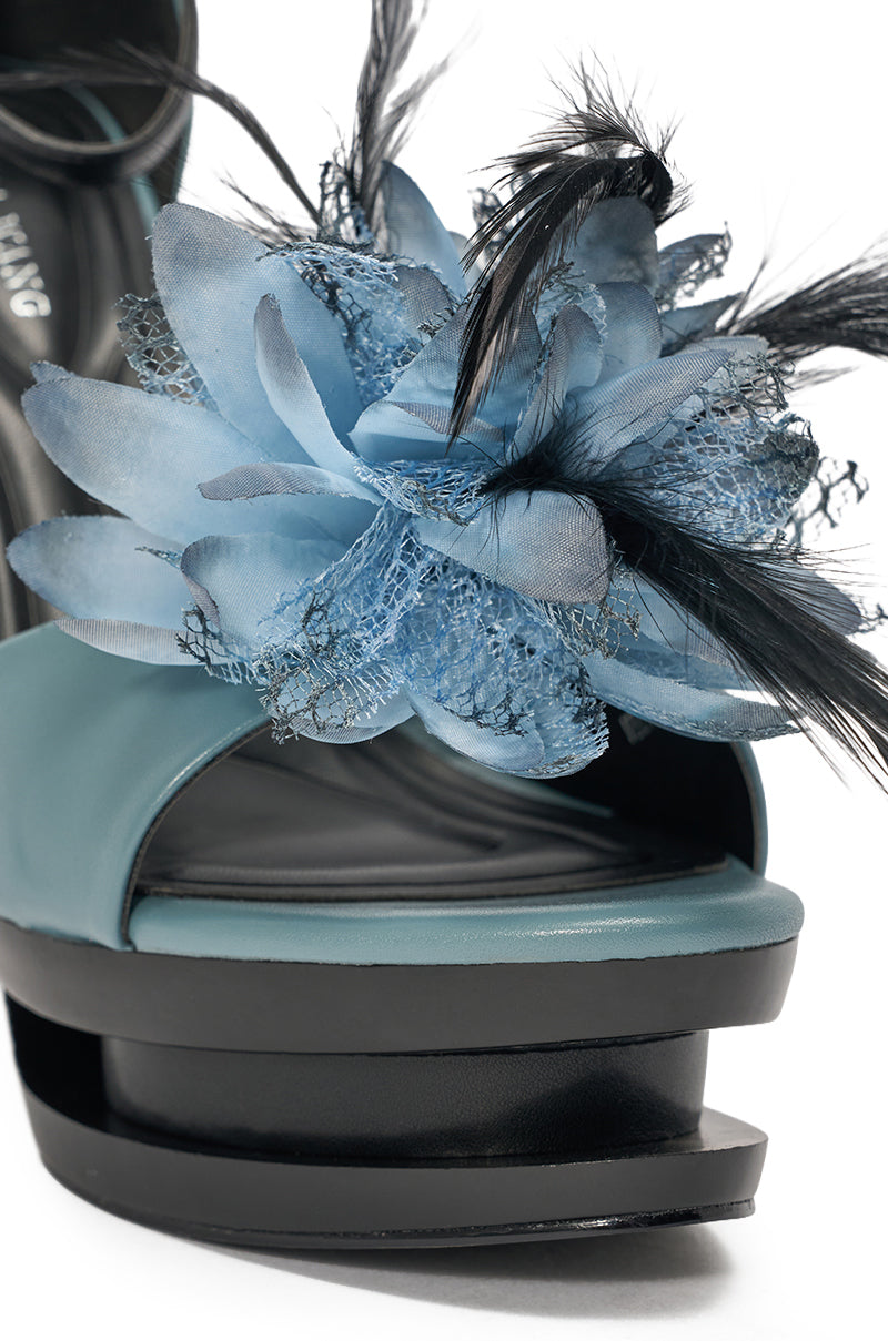 AZALEA WANG VELVETINE BLUE PLATFORM STILETTO FLOWER EMBELLISHED SANDAL