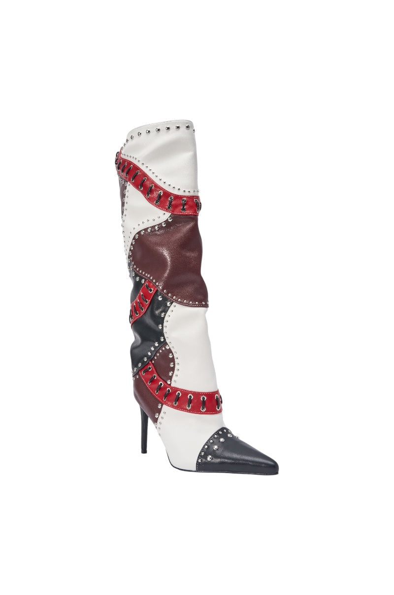 AKIRA GOLD VESSAE PATCHWORK STILETTO BOOT
