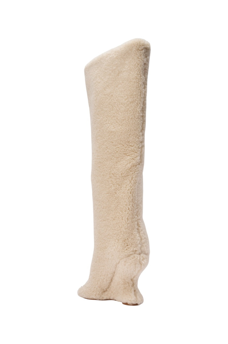 AKIRA GOLD VINCENT SHERPA IVORY OPEN TOE WEDGE BOOT
