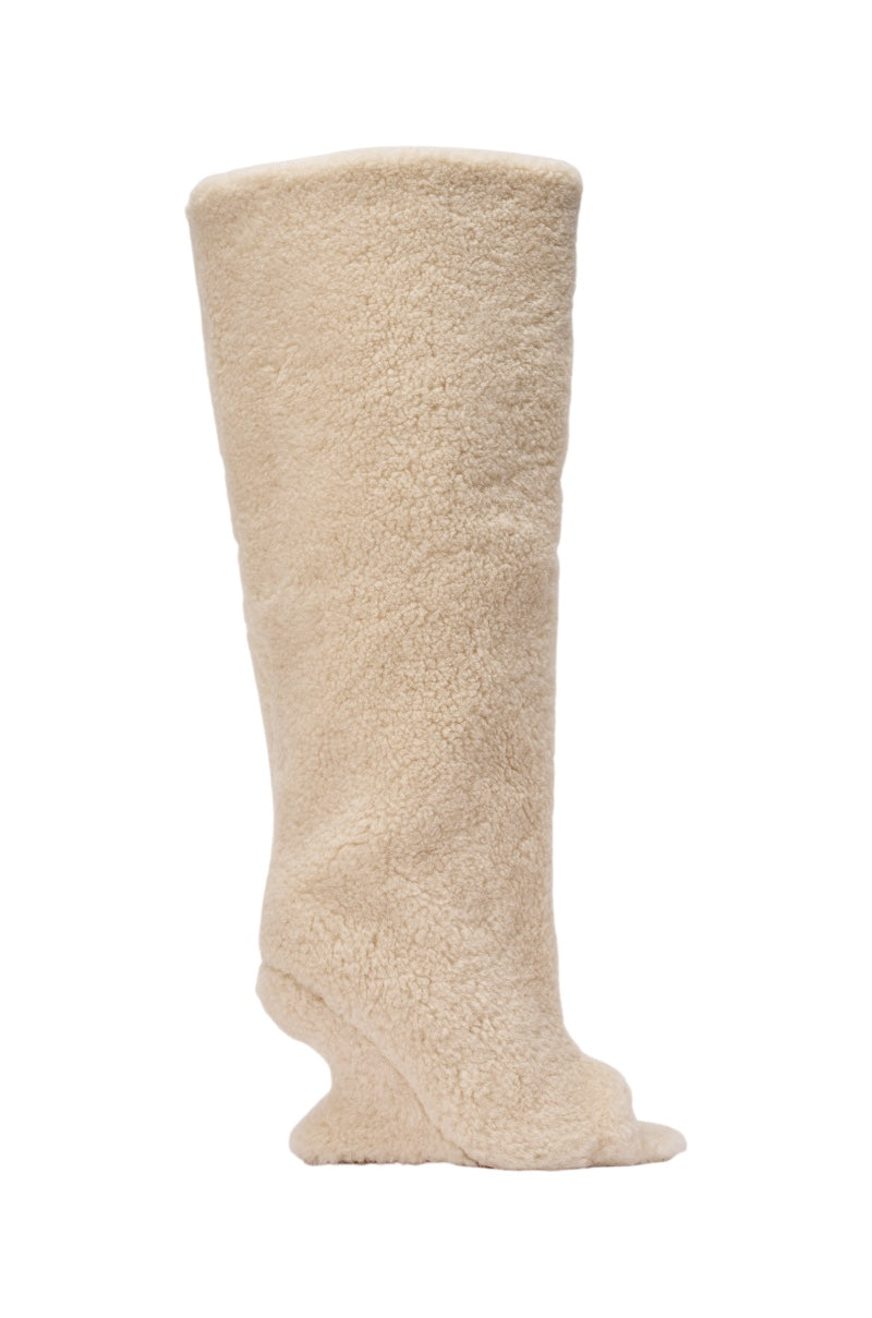 AKIRA GOLD VINCENT SHERPA IVORY OPEN TOE WEDGE BOOT