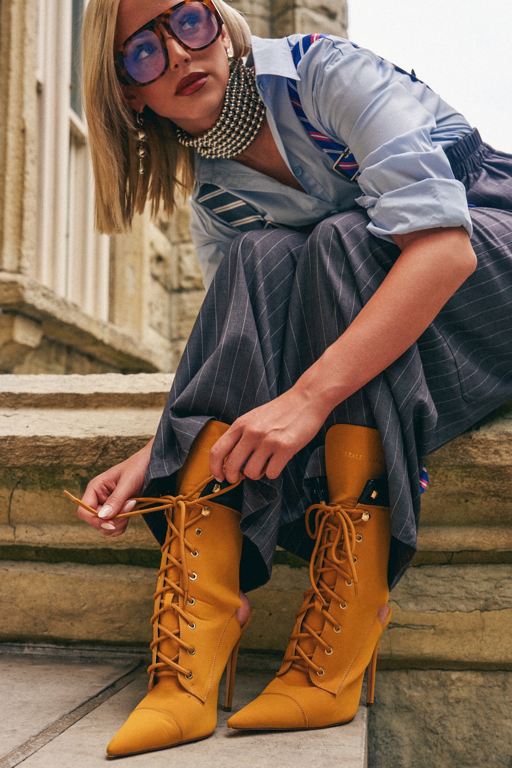 AZALEA WANG XIOMARA YELLOW LACE UP STILETTO BOOTIE