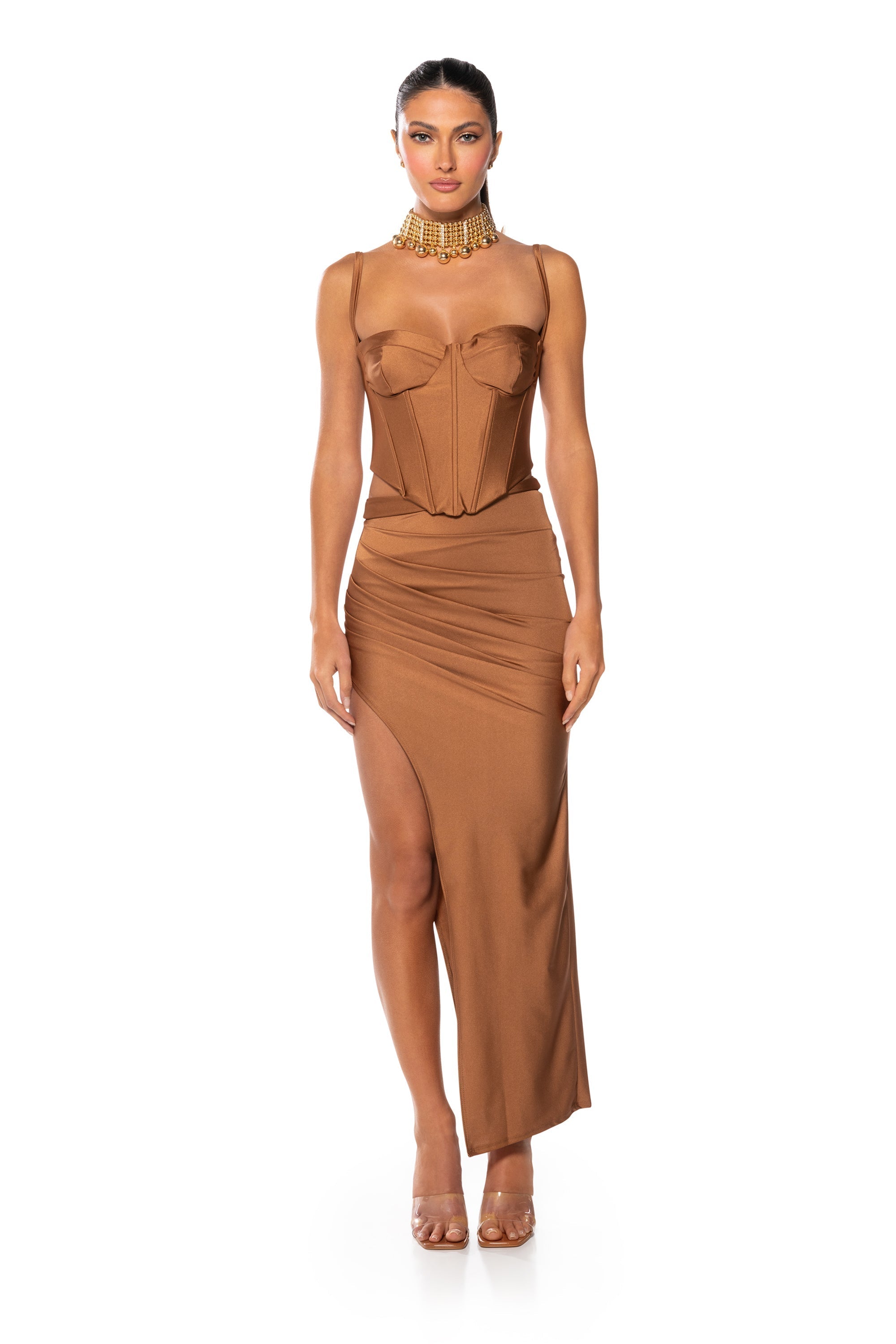 KRISTIN SATIN RUCHED MIDI SKIRT