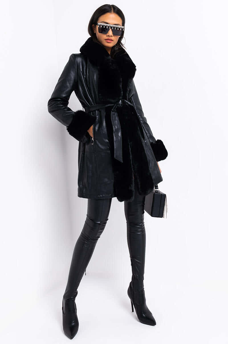 GRAM GIRL PU DRESSY COAT WITH FAUX FUR COLLAR AND WRISTS