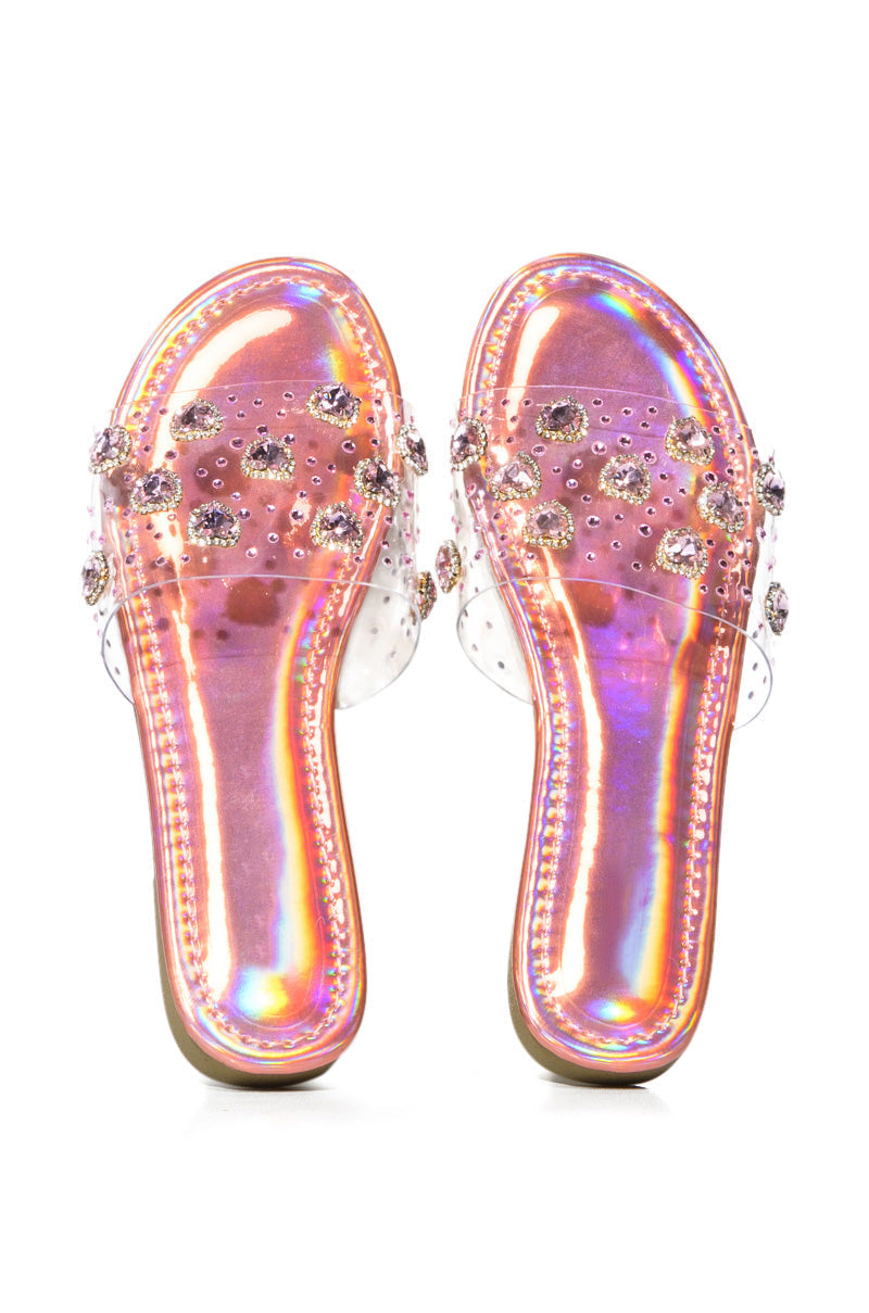 QUEEN OF HEARTS PINK HOLOGRAPHIC EMBELLISHED FLAT SLIDE