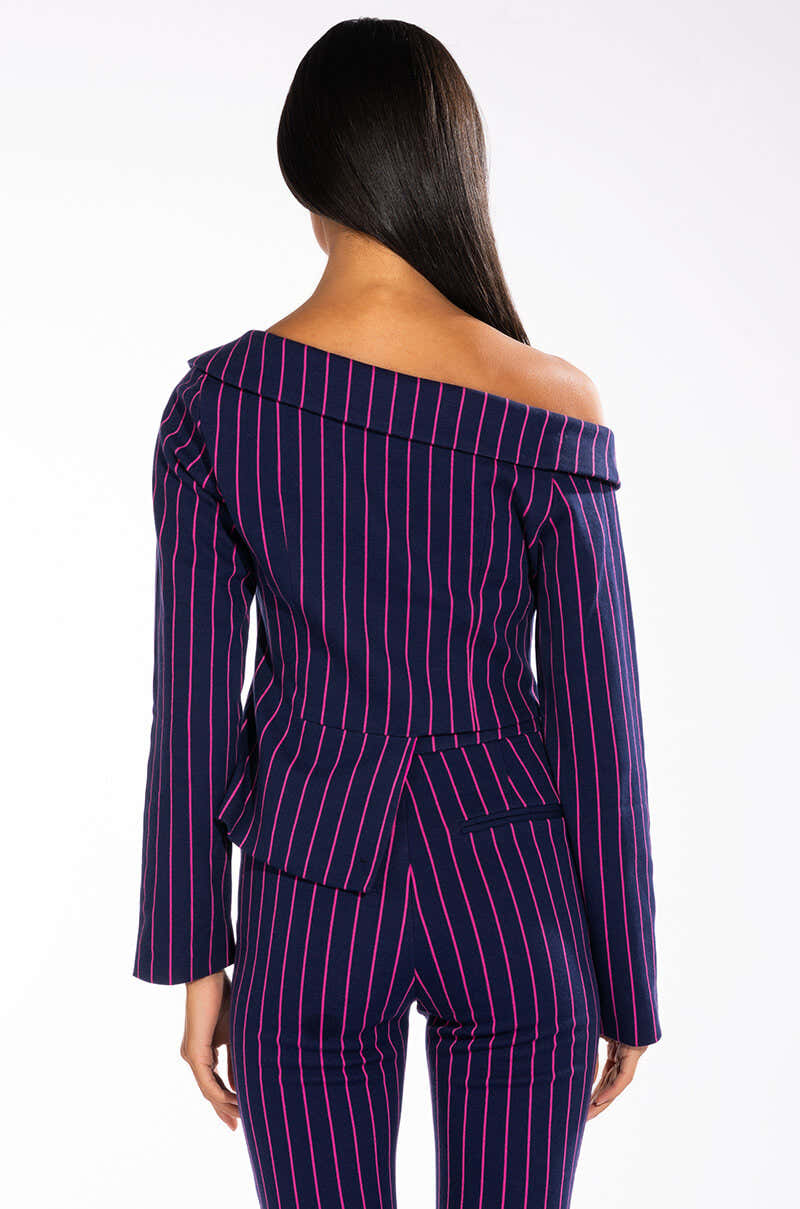 SWEET LIKE SUGAR PINSTRIPE OFF SHOULDER BLAZER